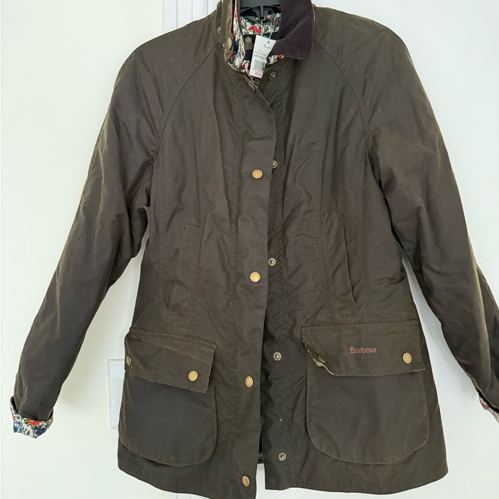 Barbour Brown Waxed Cotton Trench Coat with Cord Collar